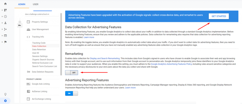 bật tiếp thị lại trong data collection google analytics, bật tiếp thị lại google analytics