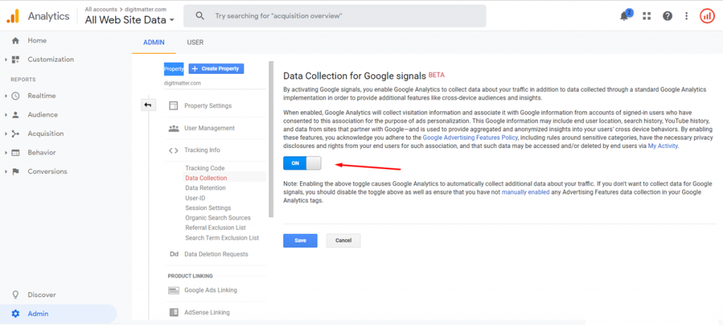 bật data collection google analytics, bật tiếp thị lại google analytics