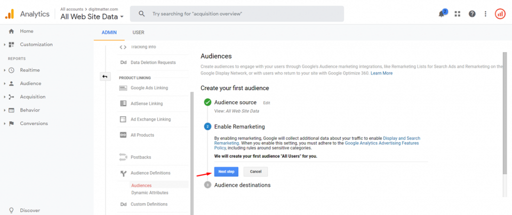 bật tiếp thị lại google analytics, enable remarketing google analytics