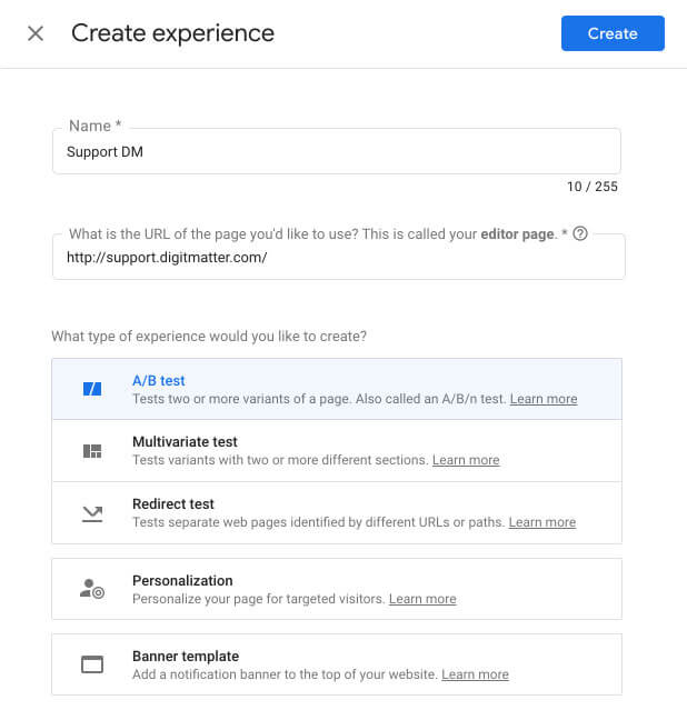 Tạo thử nghiệm A/B testing trong tài khoản Google Optimize