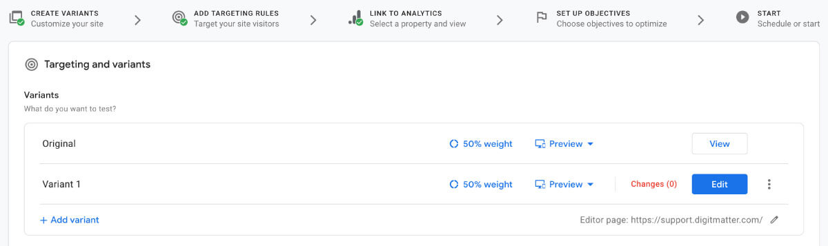 Tạo biến thể thử nghiệm trọng Google Optimize