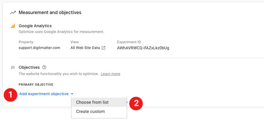 xác định mục tiêu thử nghiệm trong Google Optimize