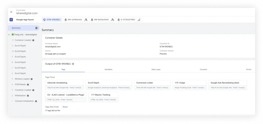Trình xem trước kiểm tra lỗi của Google Tag Manager